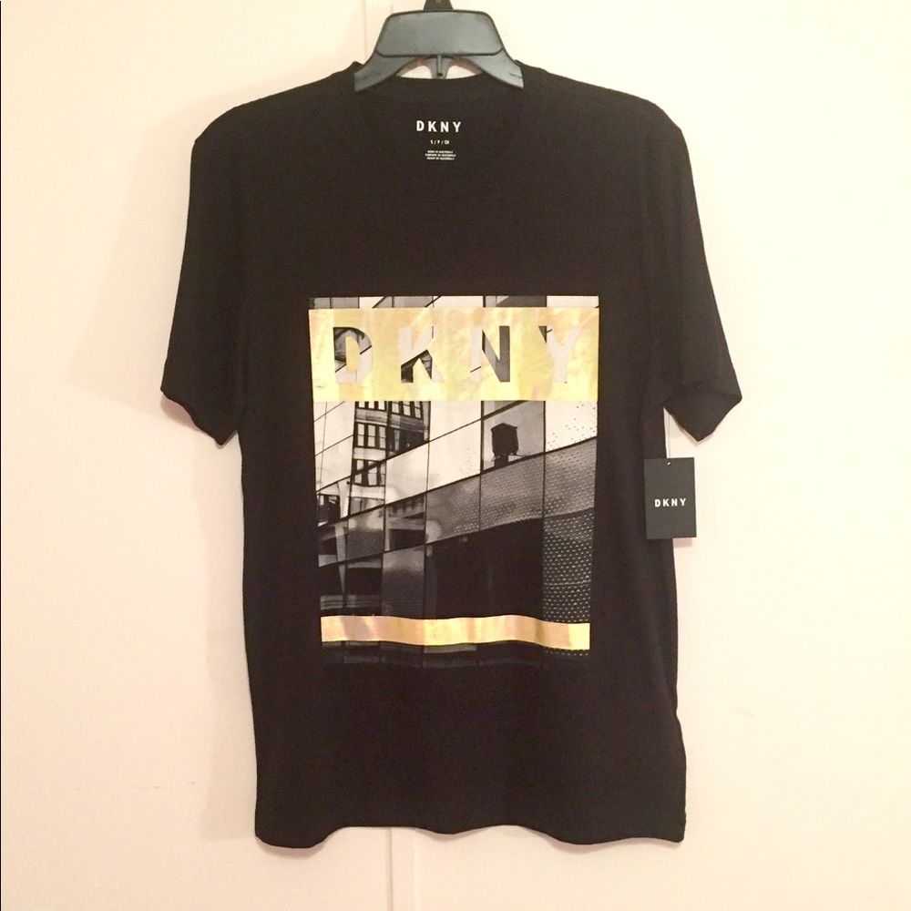 DKNY Black Tee Shirt with Gold Metallic Graphic